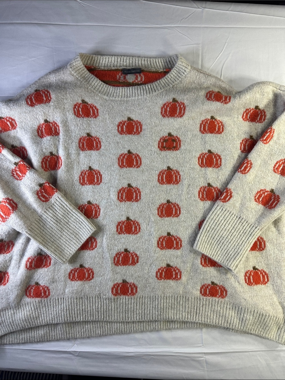 Vince Camuto Cream Crewneck Sweater with Orange Pumpkin Motif